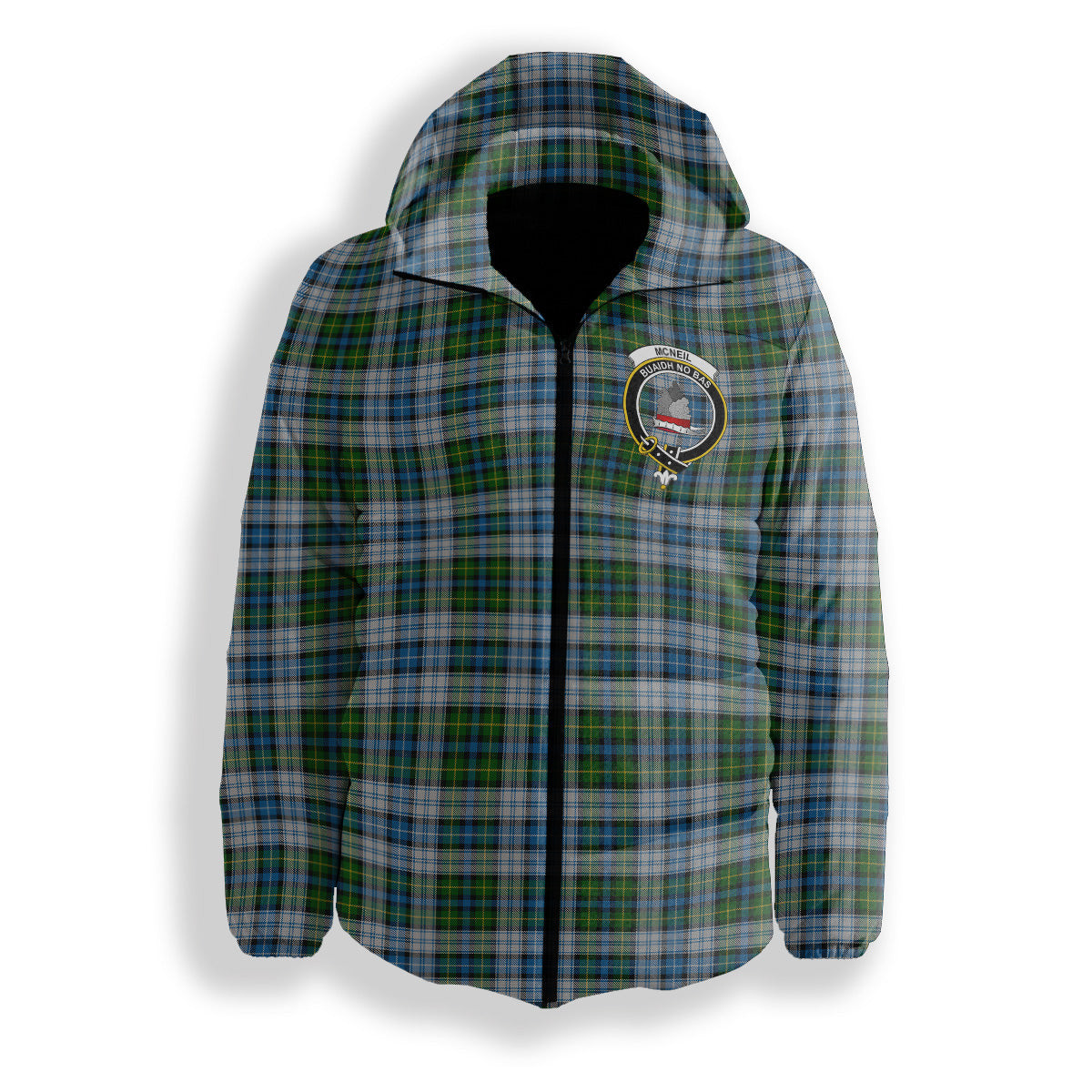 ScotsTee Shop Scottish McNeil Dress Crest Tartan Down Jacket Winter White Duck Down Plaid