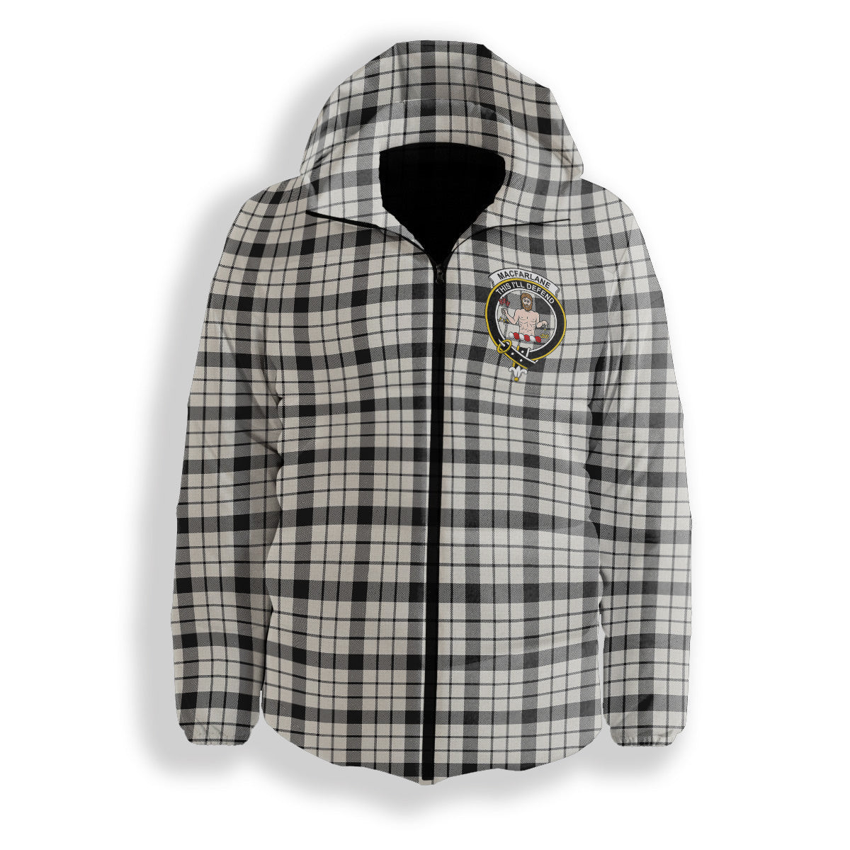 ScotsTee Shop Scottish MacFarlane Black White Ancient Crest Tartan Down Jacket Winter White Duck Down Plaid