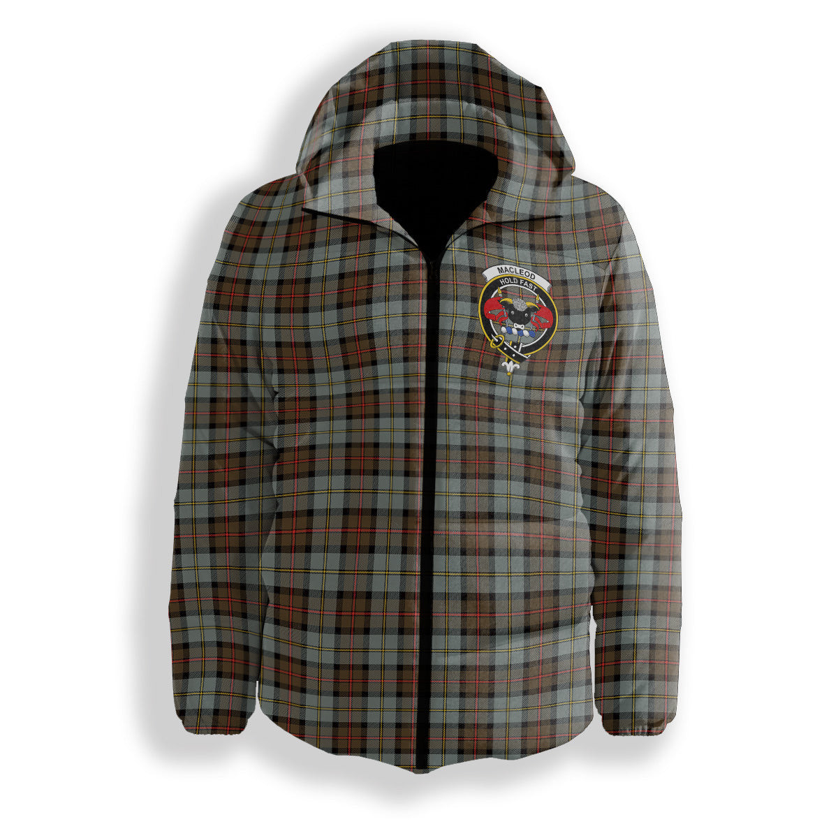 ScotsTee Shop Scottish MacLeod Of Harris Weathered Crest Tartan Down Jacket Winter White Duck Down Plaid