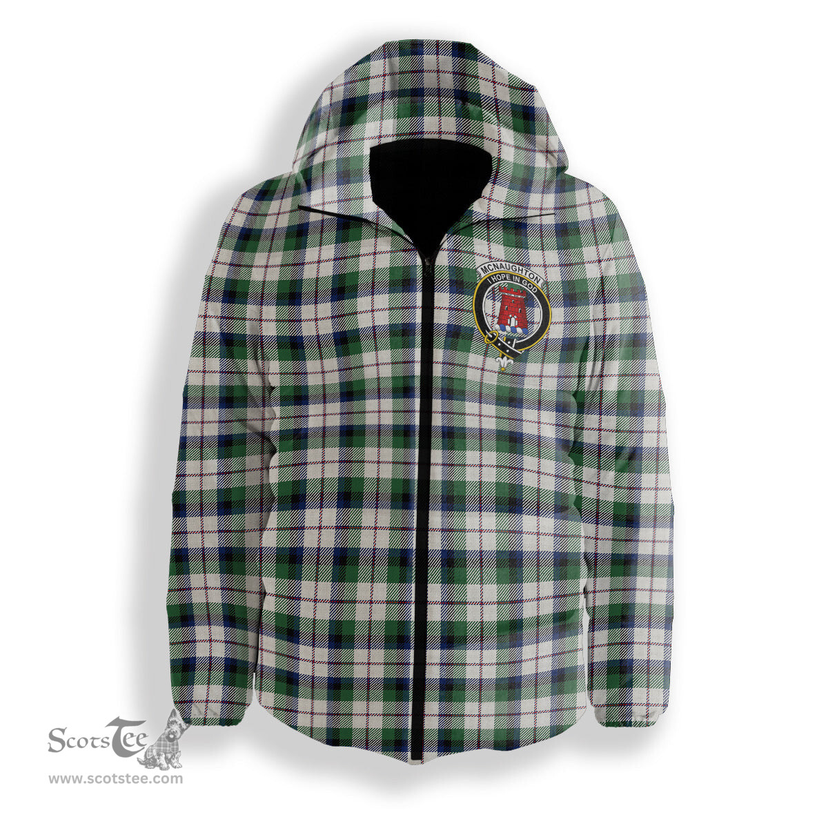 ScotsTee Shop Scottish McNaughton Dress Modern Crest Tartan Down Jacket Winter White Duck Down Plaid
