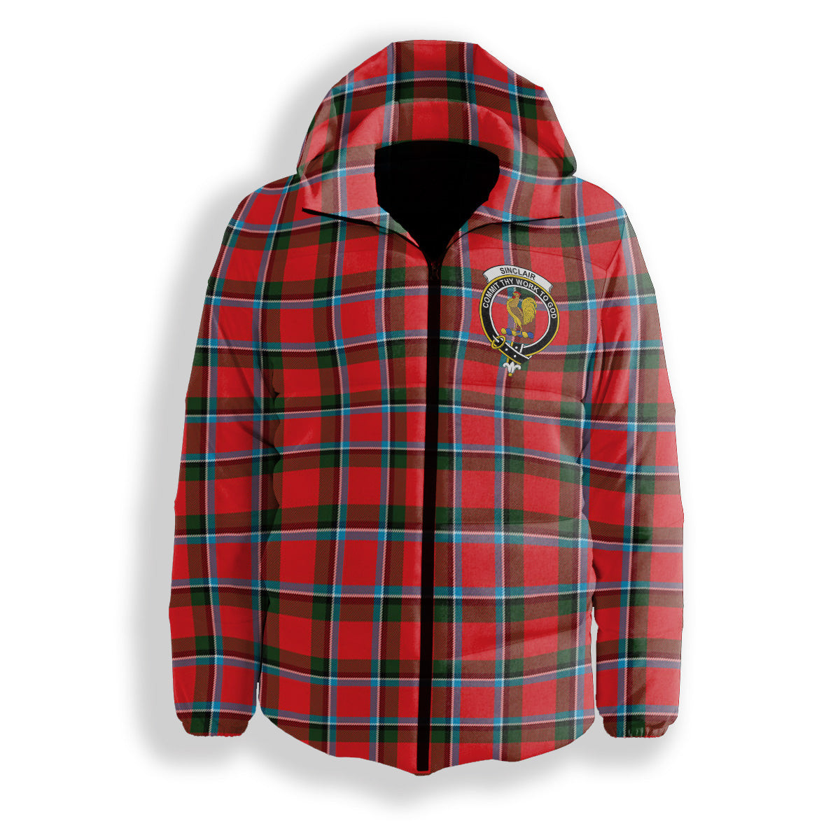 ScotsTee Shop Scottish Sinclair Modern Crest Tartan Down Jacket Winter White Duck Down Plaid