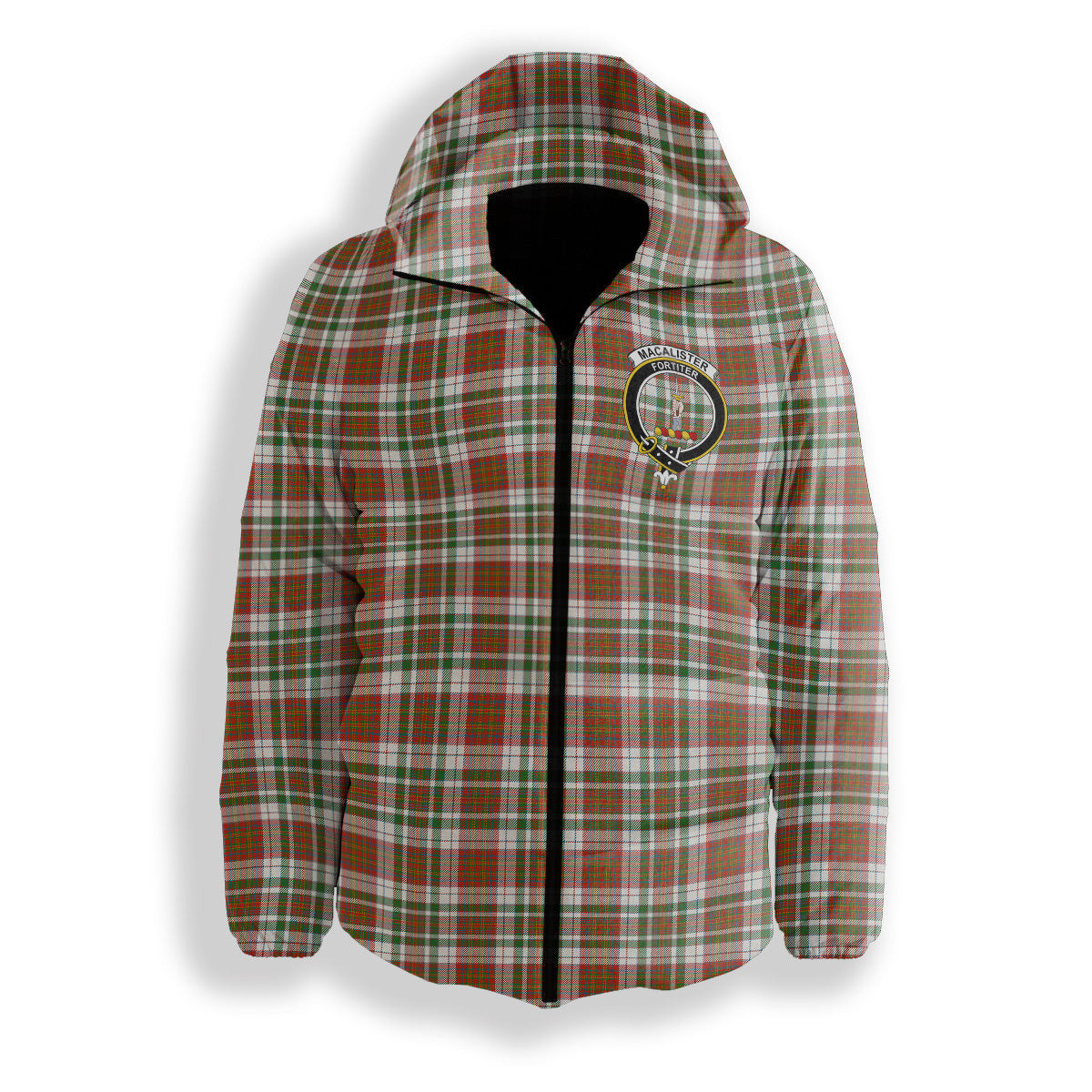 ScotsTee Shop Scottish MacAlister Dress Ancient Crest Tartan Down Jacket Winter White Duck Down Plaid