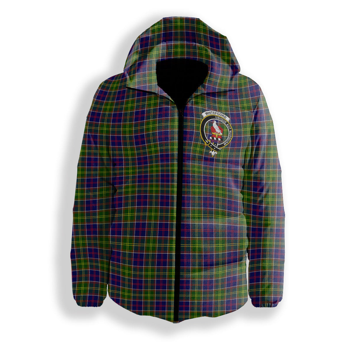ScotsTee Shop Scottish Whitefoord Crest Tartan Down Jacket Winter White Duck Down Plaid