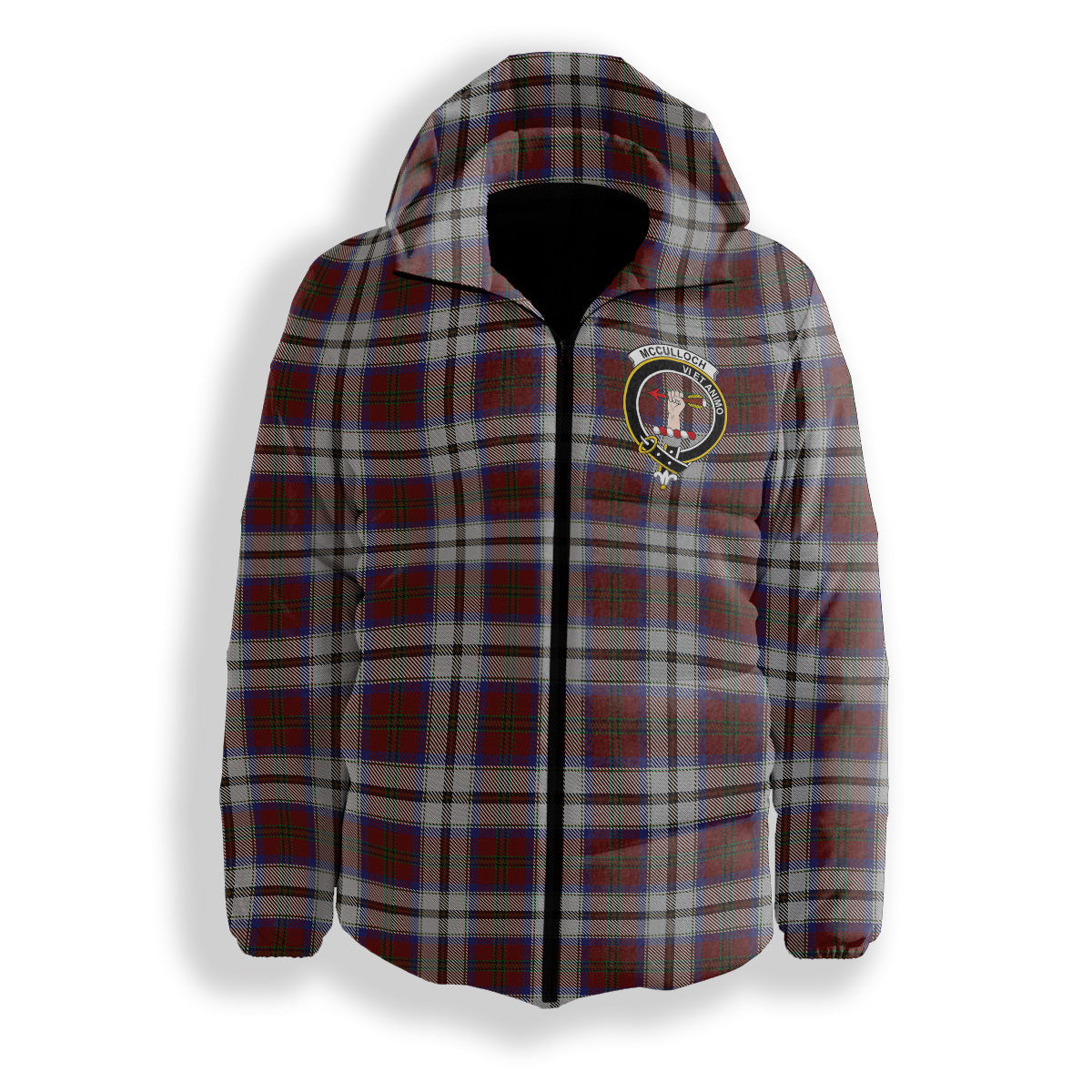 ScotsTee Shop Scottish McCulloch Dress Crest Tartan Down Jacket Winter White Duck Down Plaid
