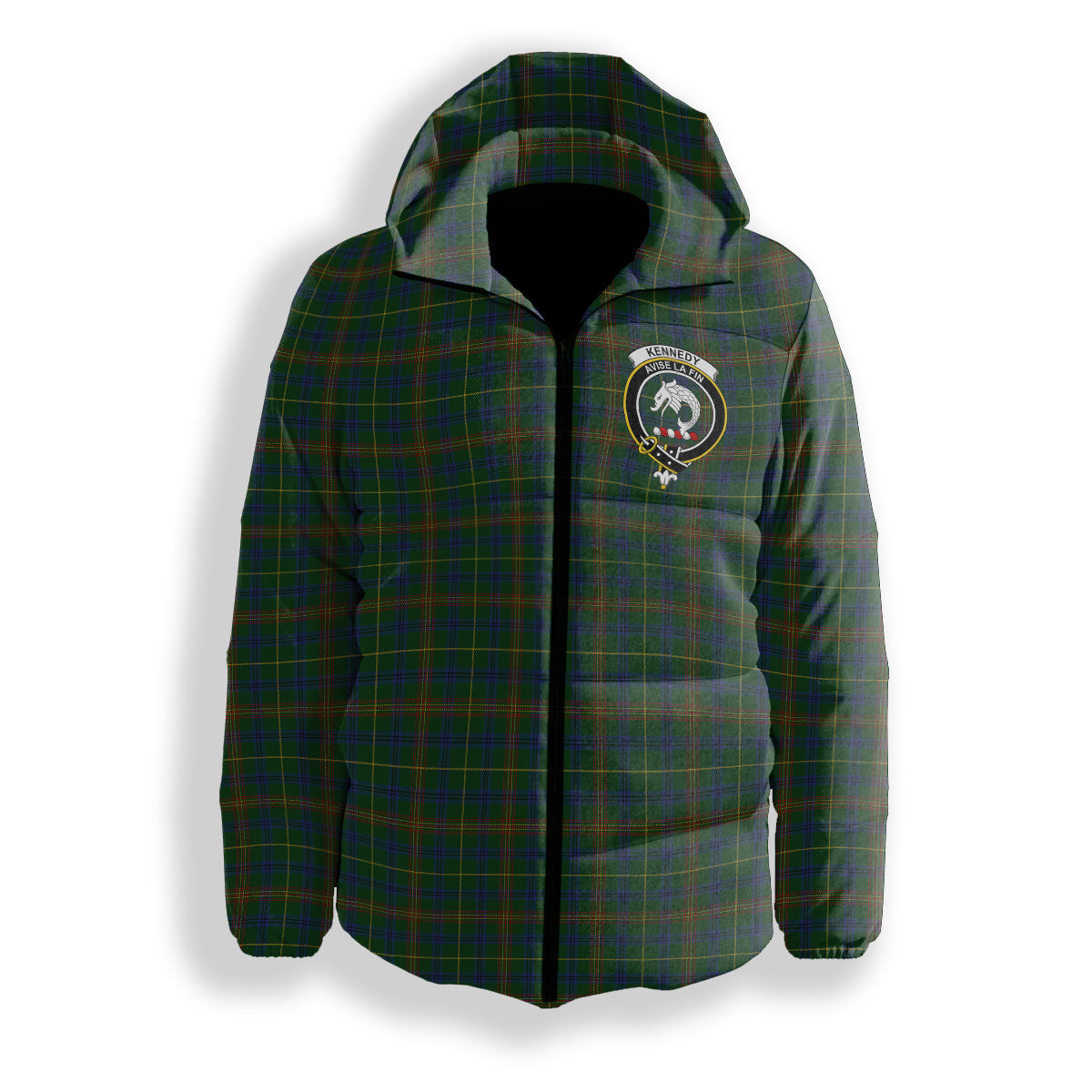 ScotsTee Shop Scottish Kennedy 2 Crest Tartan Down Jacket Winter White Duck Down Plaid