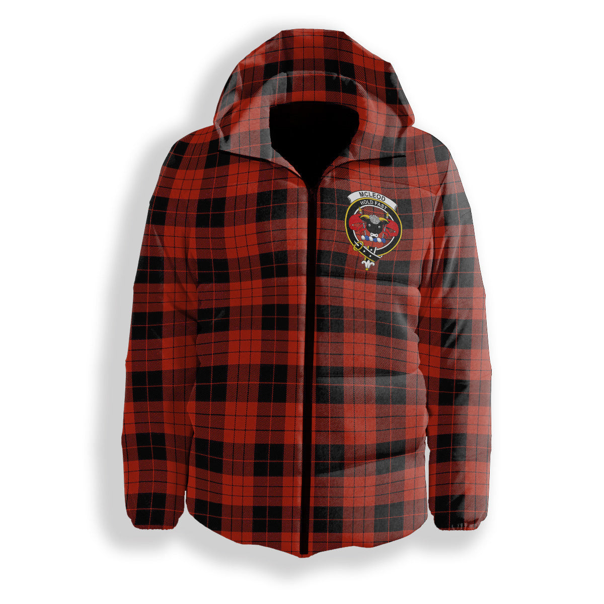 ScotsTee Shop Scottish McLeod Black and Red Ancient Crest Tartan Down Jacket Winter White Duck Down Plaid