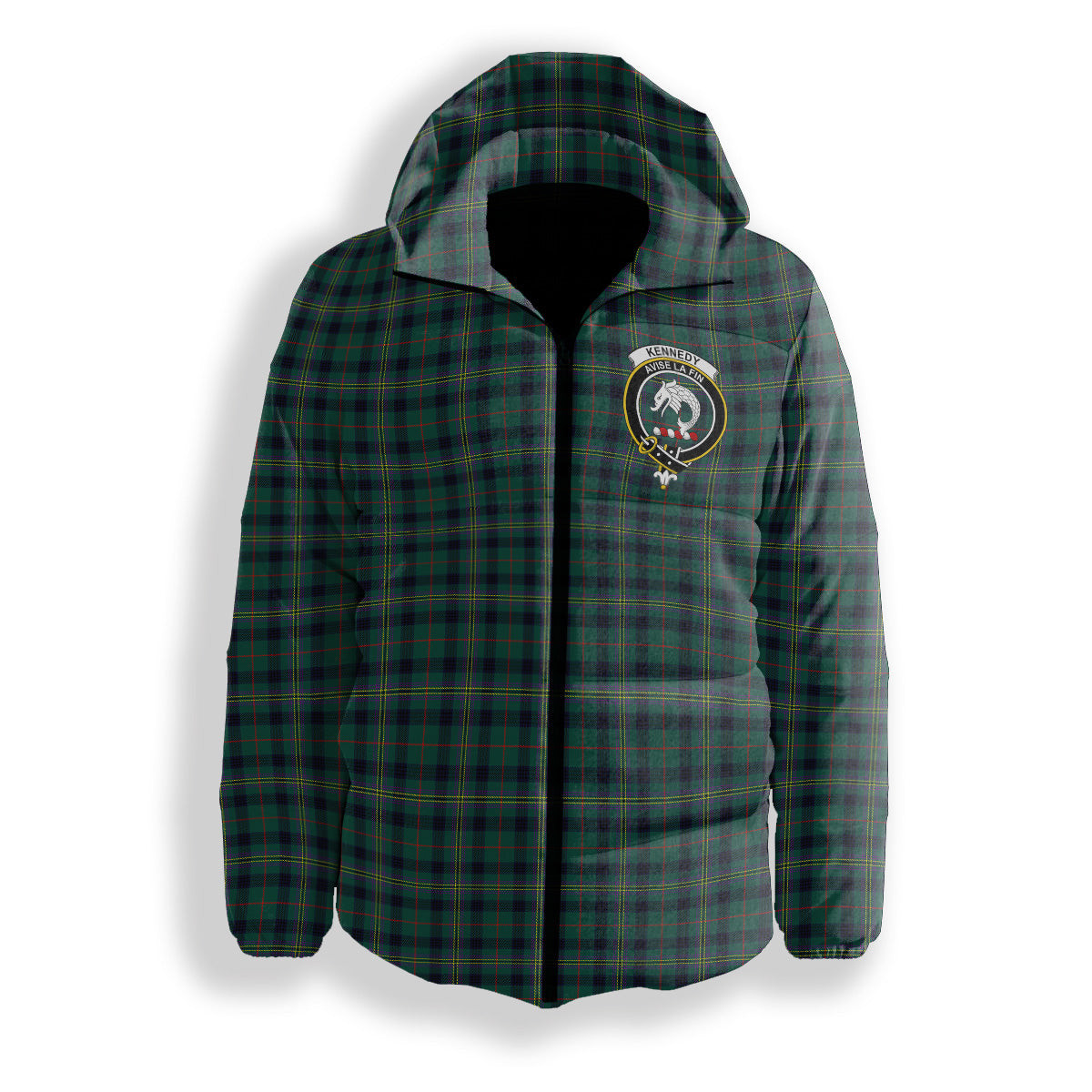 ScotsTee Shop Scottish Kennedy Modern Clan Crest Tartan Down Jacket Winter White Duck Down Plaid