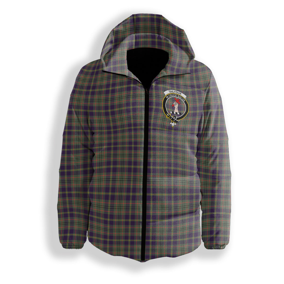 ScotsTee Shop Scottish Tailyour Weathered Crest Tartan Down Jacket Winter White Duck Down Plaid