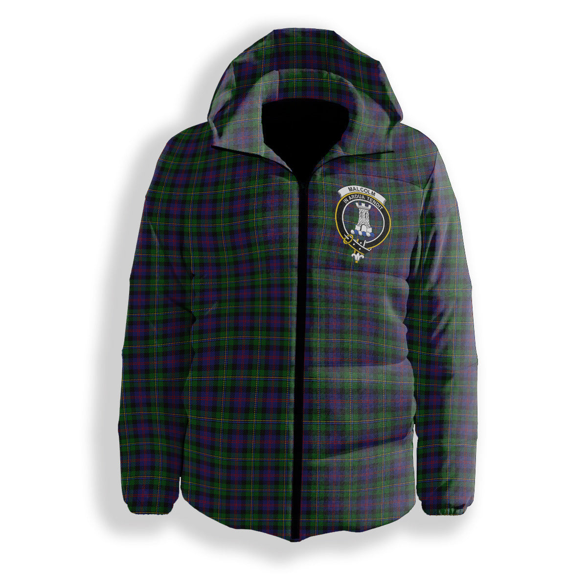 ScotsTee Shop Scottish Malcolm Crest Tartan Down Jacket Winter White Duck Down Plaid