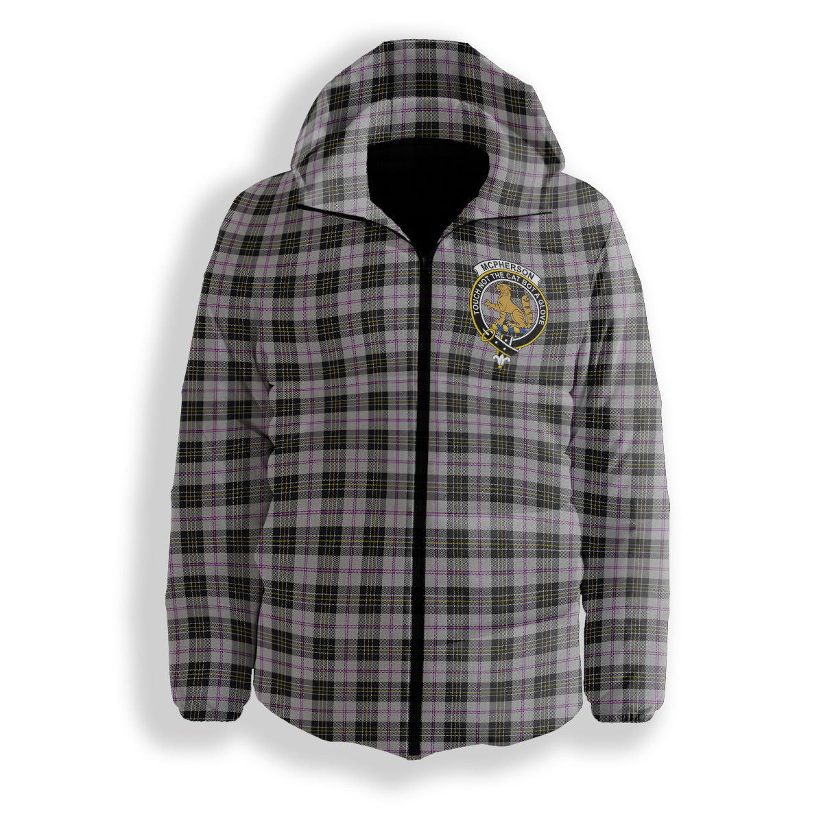 ScotsTee Shop Scottish McPherson Dress Ancient Crest Tartan Down Jacket Winter White Duck Down Plaid