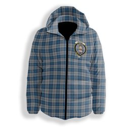ScotsTee Shop Scottish Menzies Dress Blue & White Crest Tartan Down Jacket Winter White Duck Down Plaid