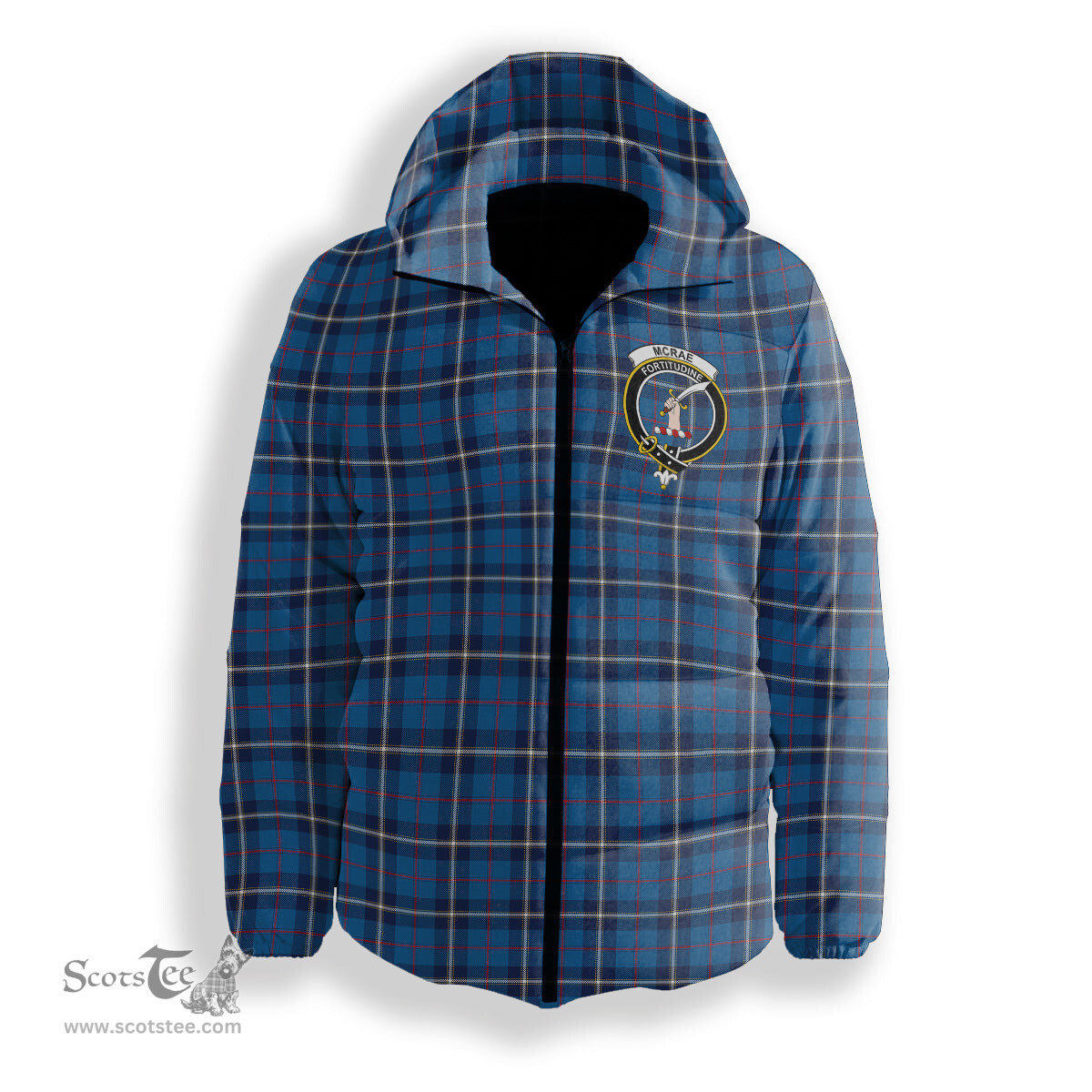 ScotsTee Shop Scottish McRae of America Modern Crest Tartan Down Jacket Winter White Duck Down Plaid