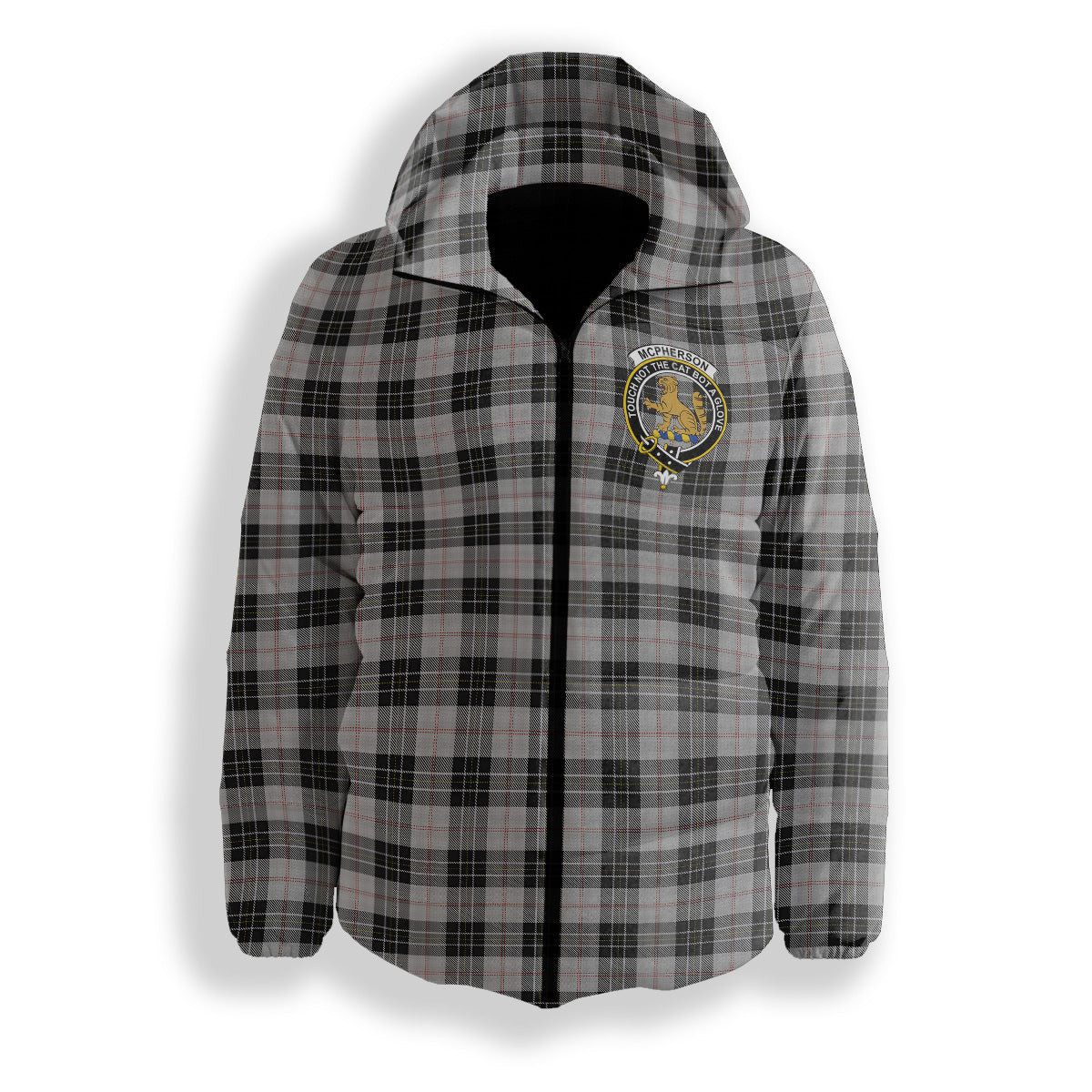 ScotsTee Shop Scottish McPherson Dress Crest Tartan Down Jacket Winter White Duck Down Plaid