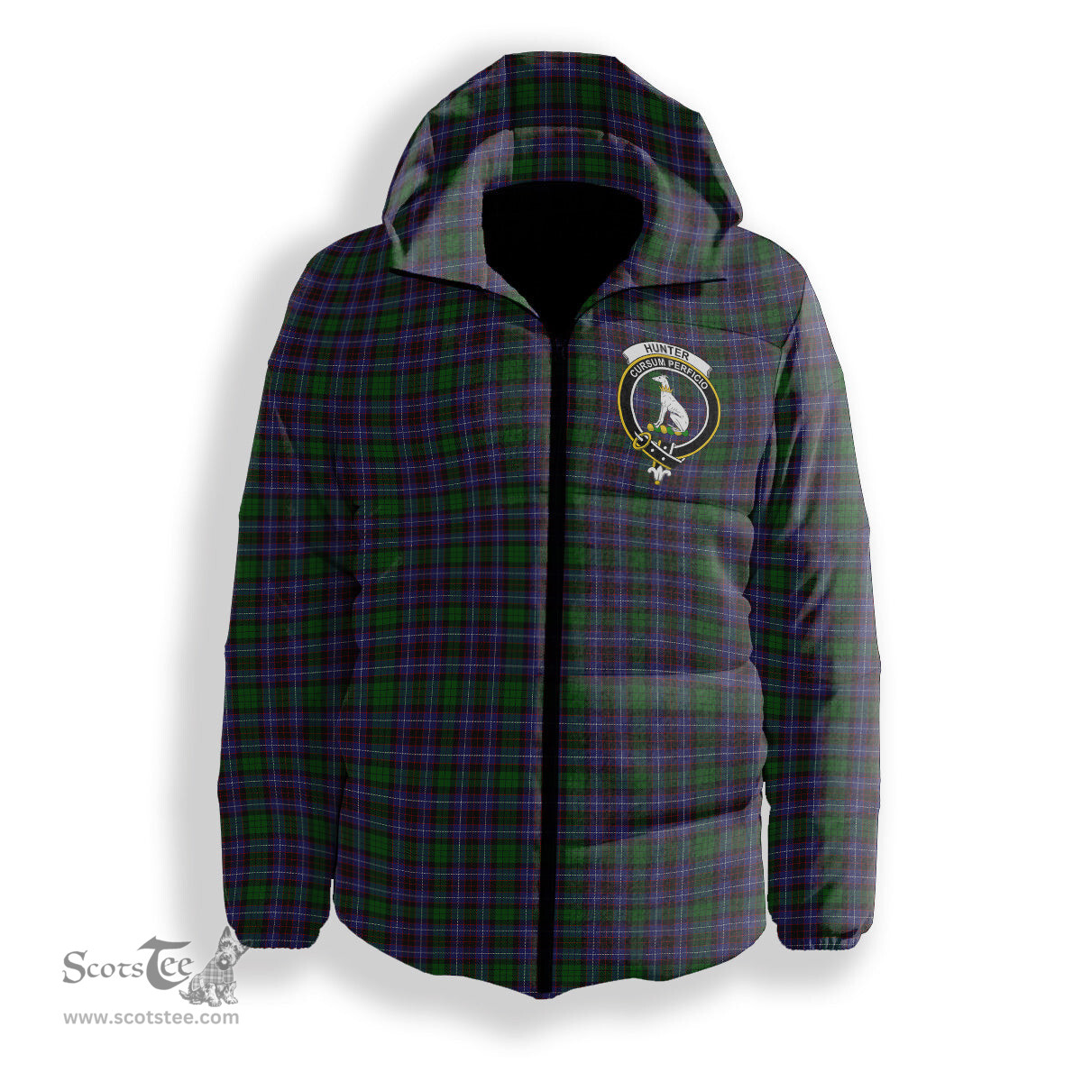 ScotsTee Shop Scottish Hunter of Peebleshire Crest Tartan Down Jacket Winter White Duck Down Plaid