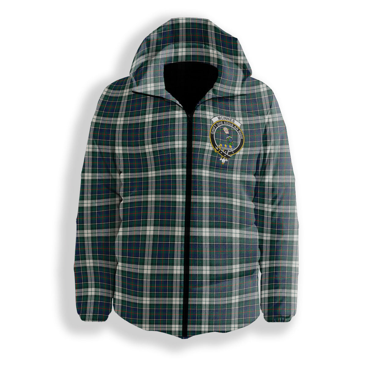 ScotsTee Shop Scottish McInnes Dress Modern Crest Tartan Down Jacket Winter White Duck Down Plaid