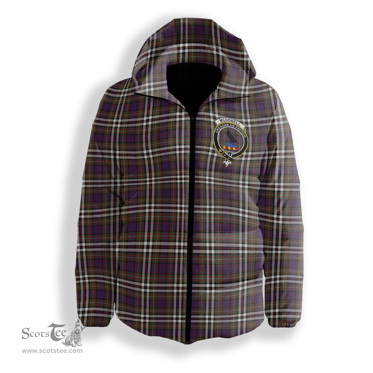 ScotsTee Shop Scottish McDonell of Glengarry Dress Modern Crest Tartan Down Jacket Winter White Duck Down Plaid
