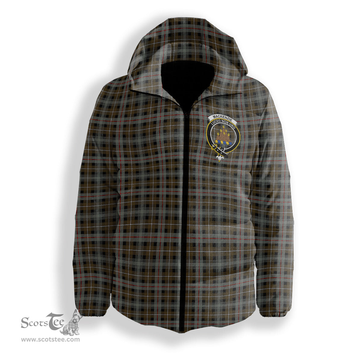 ScotsTee Shop Scottish MacKenzie Weathered Crest Tartan Down Jacket Winter White Duck Down Plaid