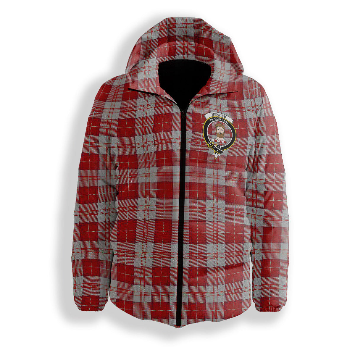 ScotsTee Shop Scottish Menzies 3 Crest Tartan Down Jacket Winter White Duck Down Plaid