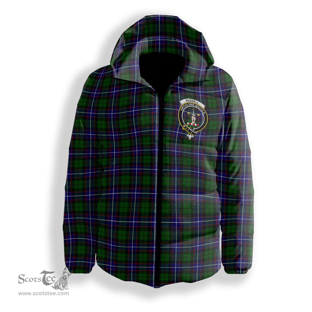 ScotsTee Shop Scottish Russell Modern Crest Tartan Down Jacket Winter White Duck Down Plaid