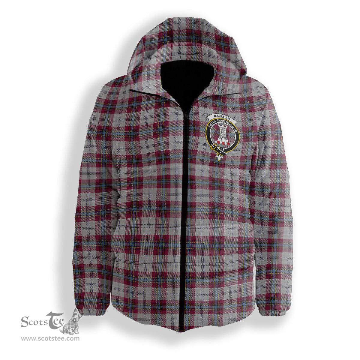ScotsTee Shop Scottish MacLean of Duart Dress 4 Crest Tartan Down Jacket Winter White Duck Down Plaid