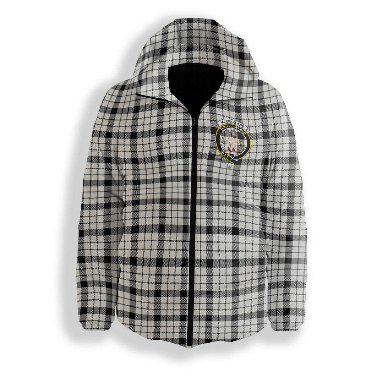ScotsTee Shop Scottish MacFarlane Black White Modern Crest Tartan Down Jacket Winter White Duck Down Plaid