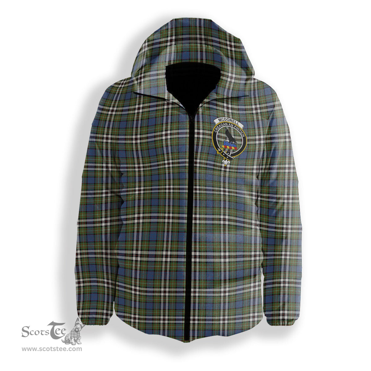ScotsTee Shop Scottish McDonell of Glengarry Dress Ancient Crest Tartan Down Jacket Winter White Duck Down Plaid