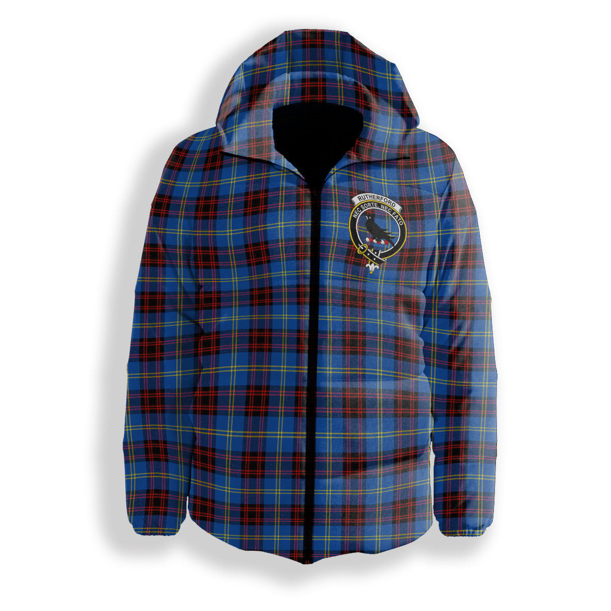 ScotsTee Shop Scottish Rutherford Modern Crest Tartan Down Jacket Winter White Duck Down Plaid