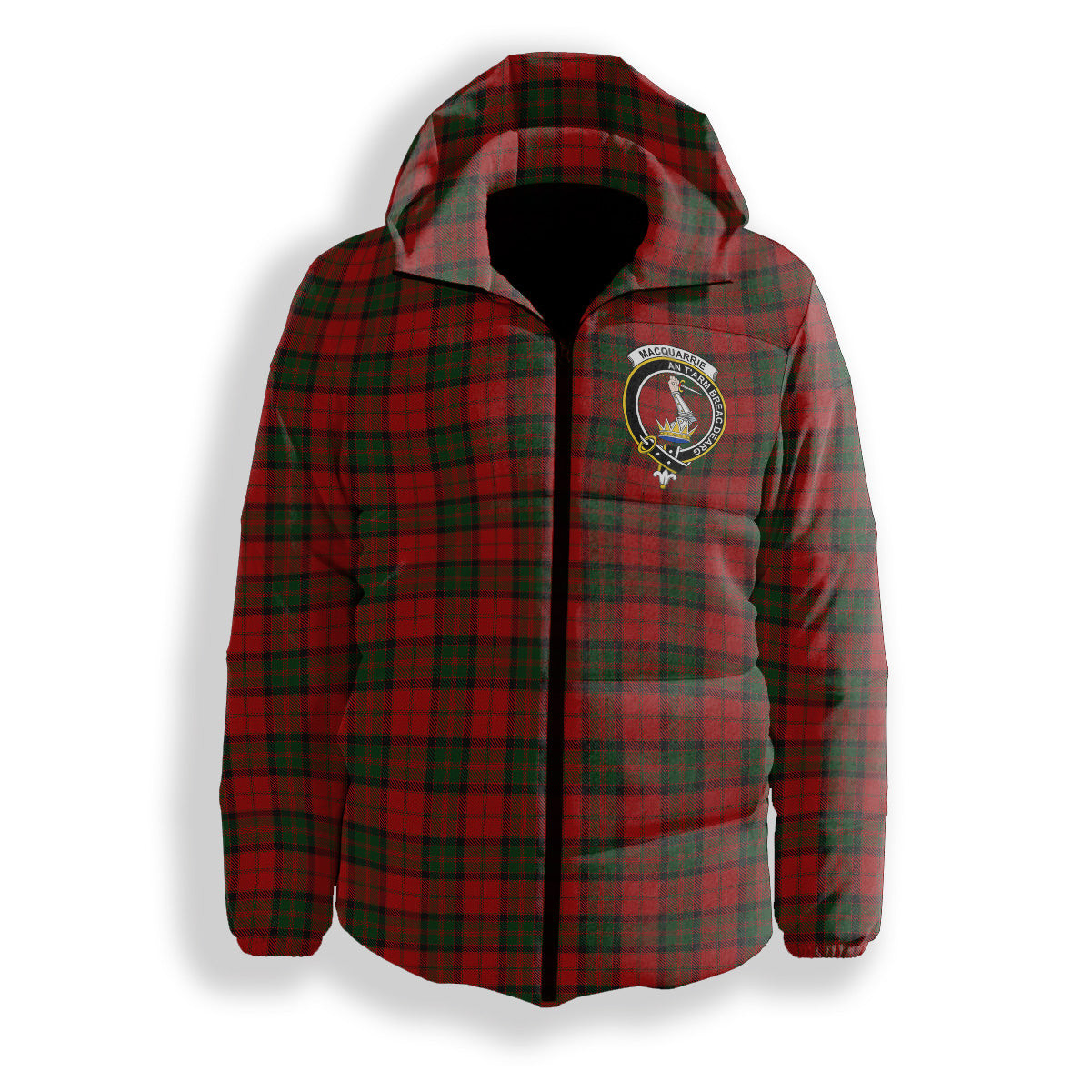 ScotsTee Shop Scottish MacQuarrie 7 Crest Tartan Down Jacket Winter White Duck Down Plaid