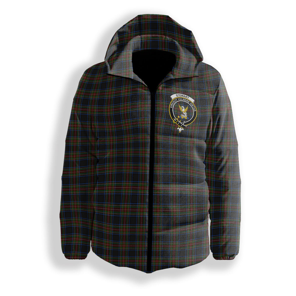 ScotsTee Shop Scottish Stewart Black 2 Crest Tartan Down Jacket Winter White Duck Down Plaid