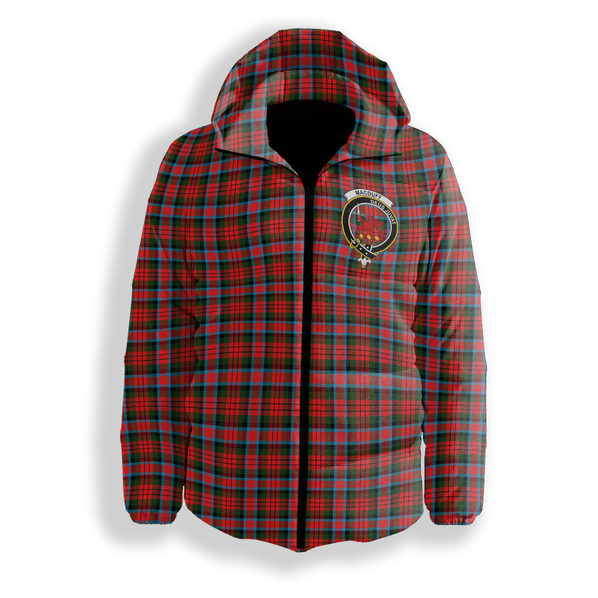 ScotsTee Shop Scottish MacDuff Modern SC Crest Tartan Down Jacket Winter White Duck Down Plaid