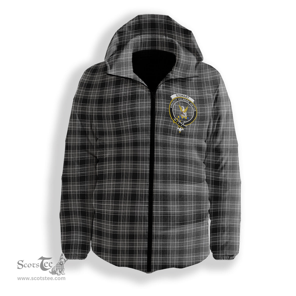 ScotsTee Shop Scottish Stewart Mourning 3 Crest Tartan Down Jacket Winter White Duck Down Plaid
