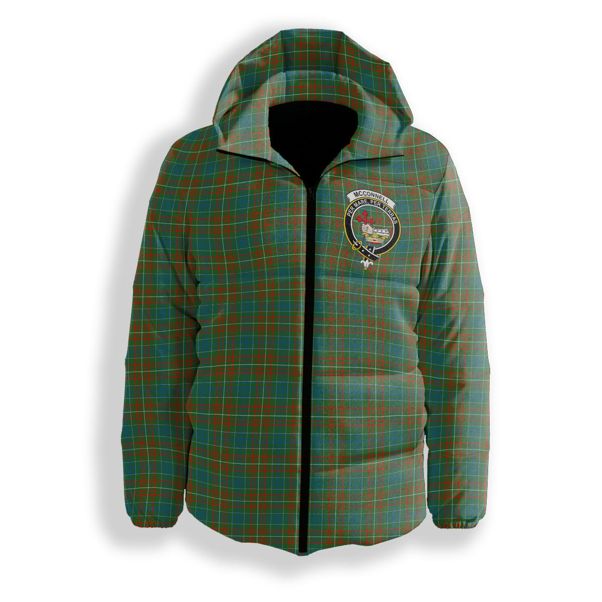 ScotsTee Shop Scottish McConnell Ancient Crest Tartan Down Jacket Winter White Duck Down Plaid