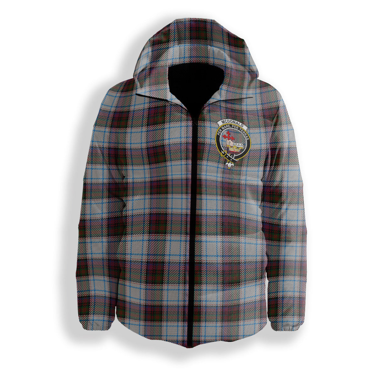 ScotsTee Shop Scottish McDonald Dress Ancient Crest Tartan Down Jacket Winter White Duck Down Plaid