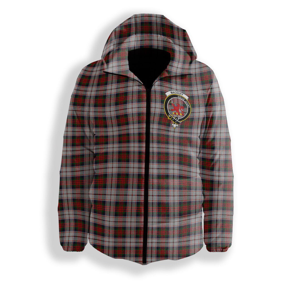 ScotsTee Shop Scottish MacDuff Dress 4 Crest Tartan Down Jacket Winter White Duck Down Plaid