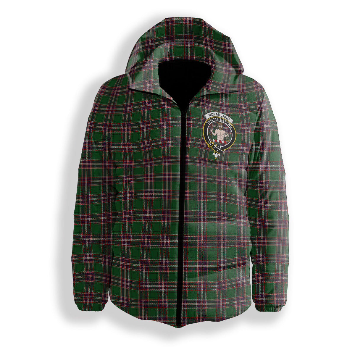 ScotsTee Shop Scottish McFarland Hunting Crest Tartan Down Jacket Winter White Duck Down Plaid