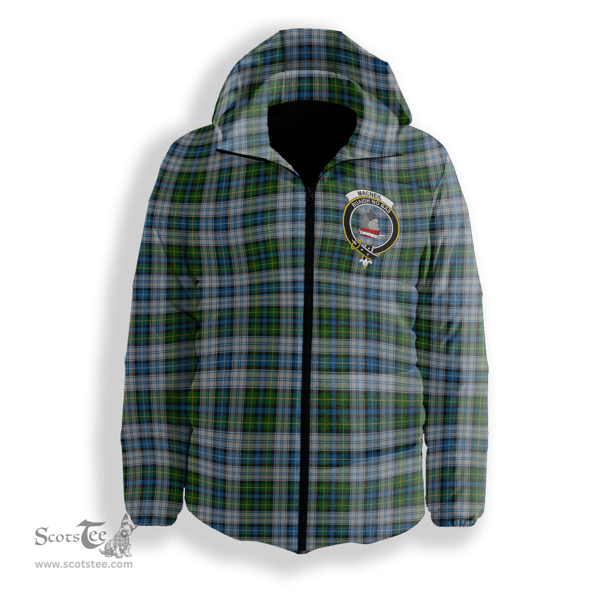 ScotsTee Shop Scottish MacNeil Dress Crest Tartan Down Jacket Winter White Duck Down Plaid