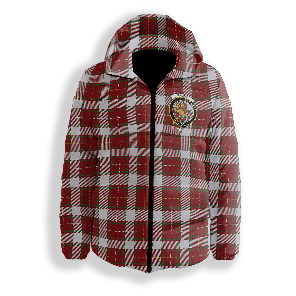 ScotsTee Shop Scottish MacFie Dress Ancient Crest Tartan Down Jacket Winter White Duck Down Plaid