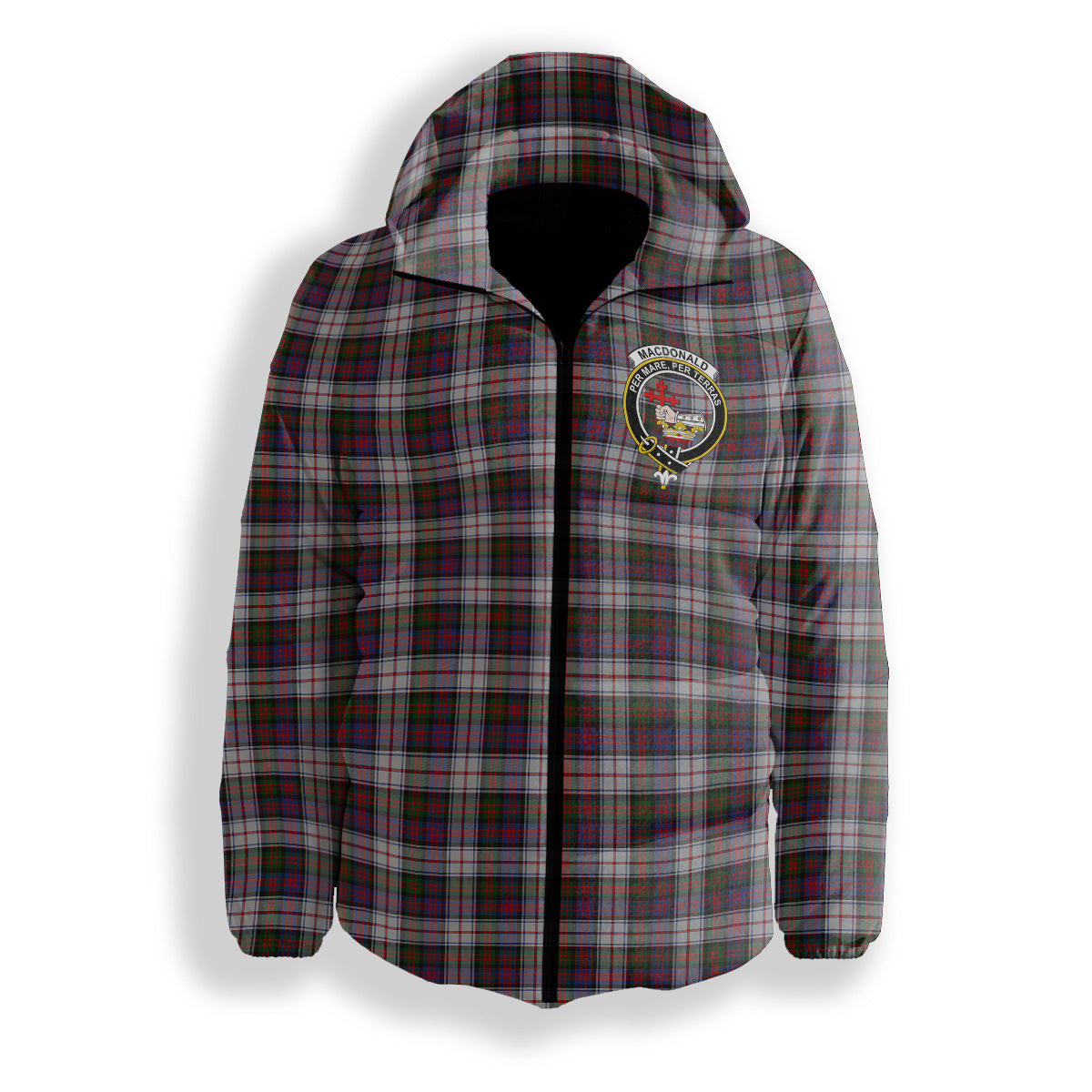 ScotsTee Shop Scottish MacDonald Dress 2 Crest Tartan Down Jacket Winter White Duck Down Plaid