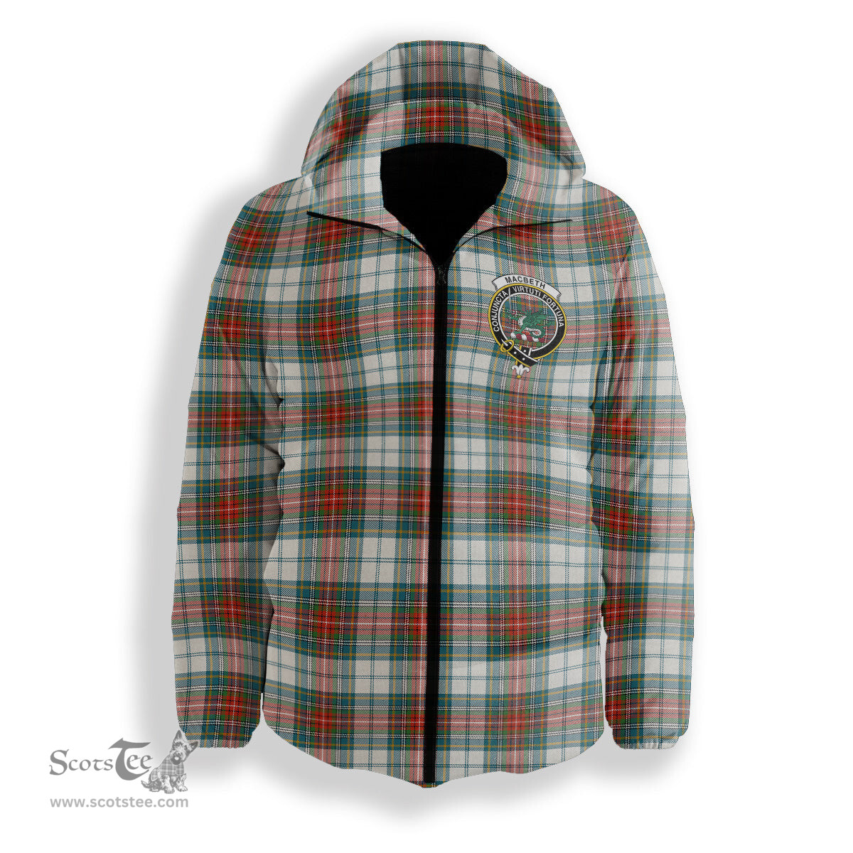 ScotsTee Shop Scottish MacBeth Dress Ancient Crest Tartan Down Jacket Winter White Duck Down Plaid