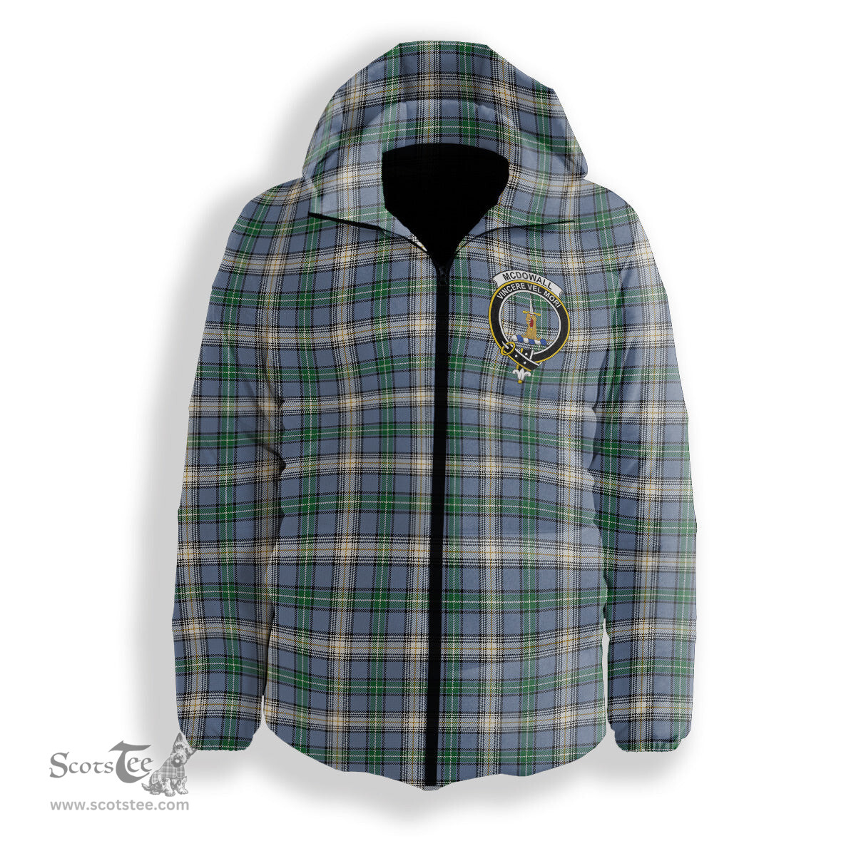 ScotsTee Shop Scottish McDowall Ancient Crest Tartan Down Jacket Winter White Duck Down Plaid