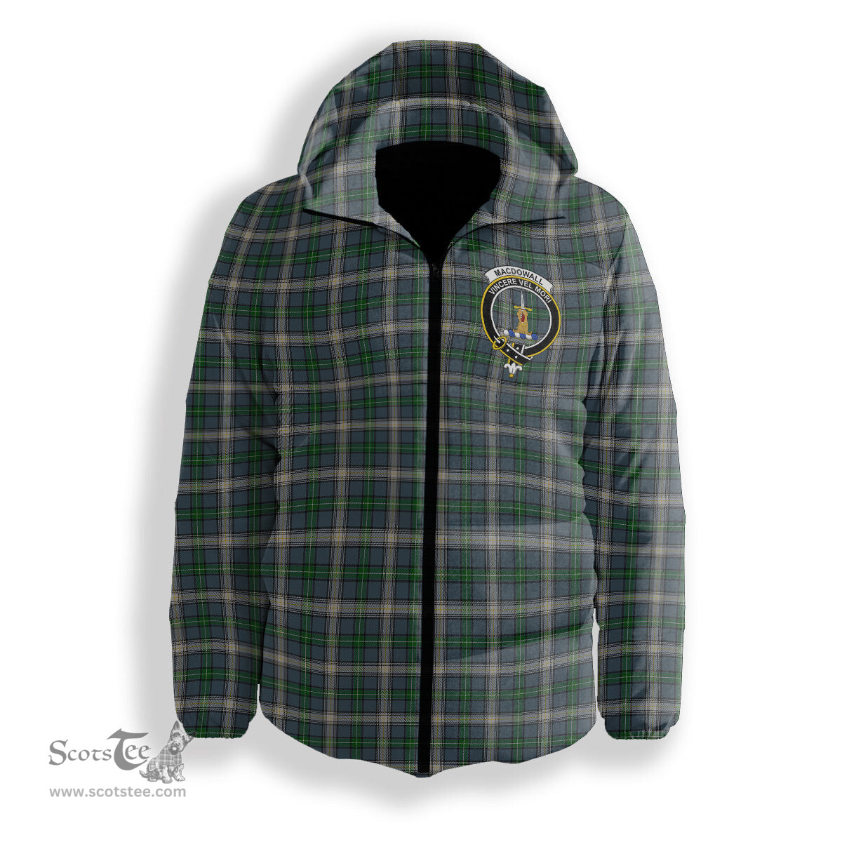ScotsTee Shop Scottish MacDowall Crest Tartan Down Jacket Winter White Duck Down Plaid