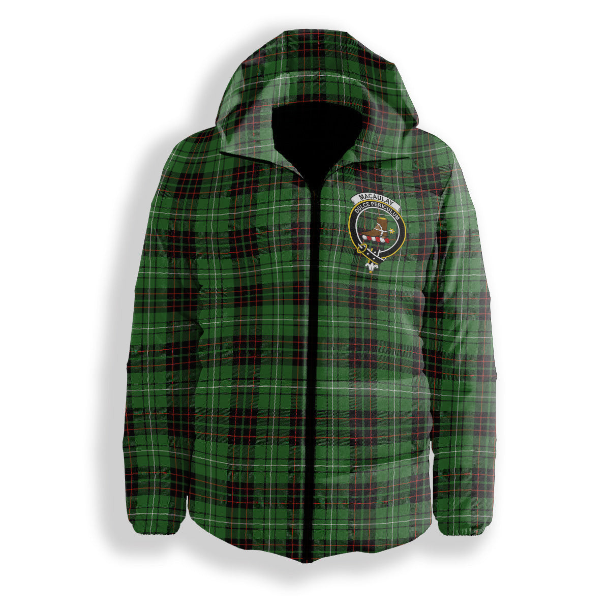 ScotsTee Shop Scottish MacAulay of Lewis Ancient Crest Tartan Down Jacket Winter White Duck Down Plaid