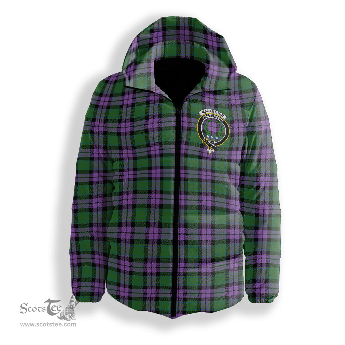 ScotsTee Shop Scottish MacArthur of Milton Ancient Crest Tartan Down Jacket Winter White Duck Down Plaid
