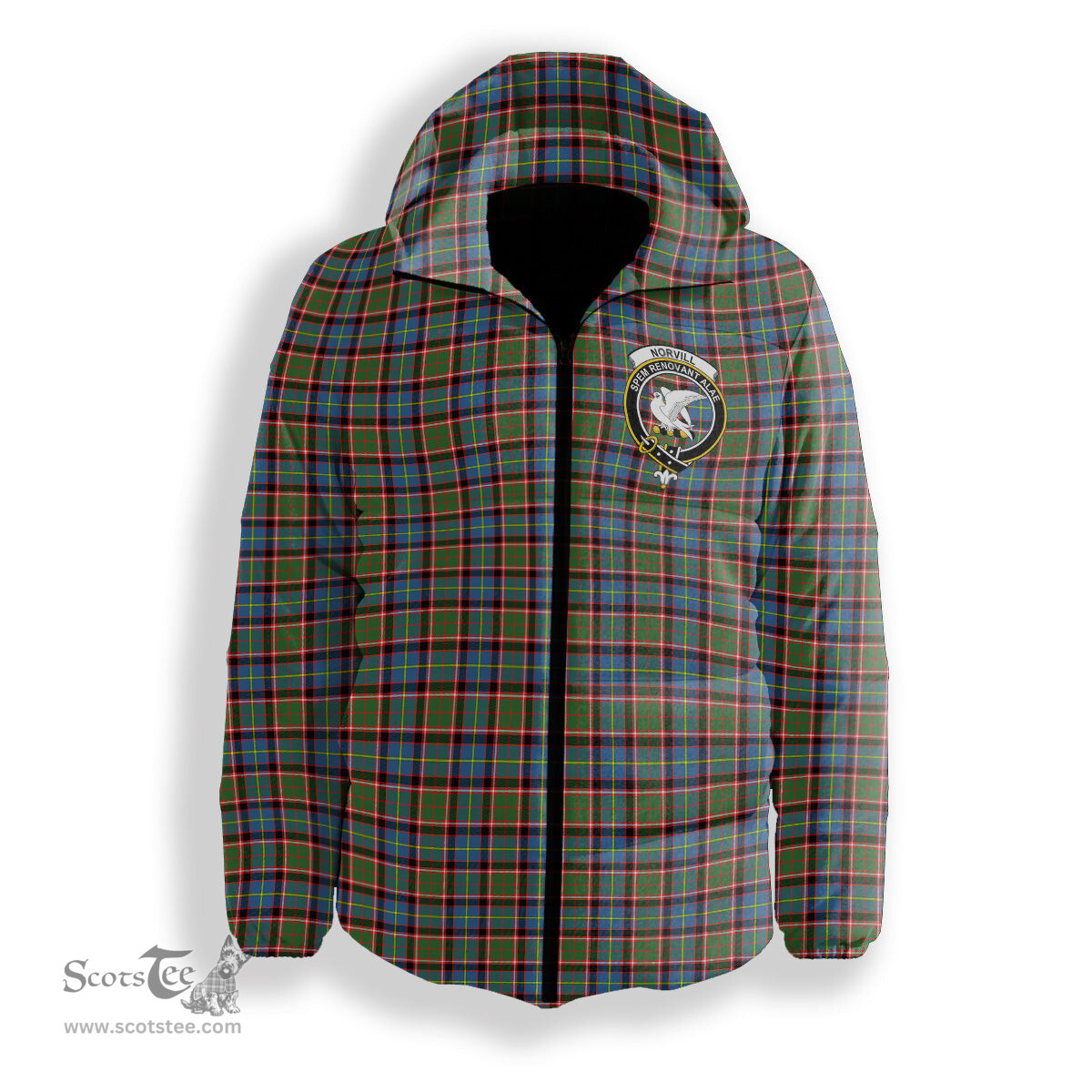 ScotsTee Shop Scottish Norvill Crest Tartan Down Jacket Winter White Duck Down Plaid