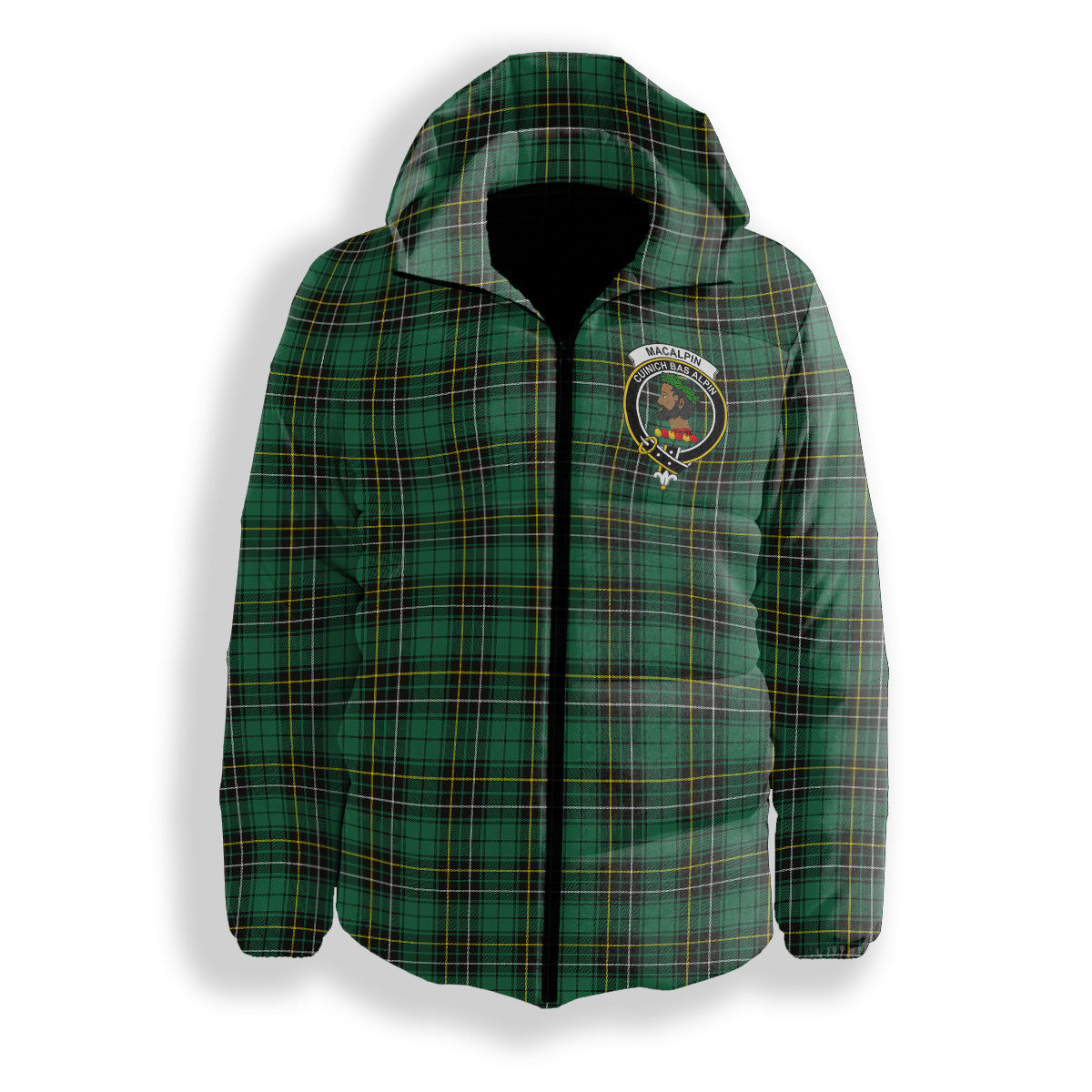 ScotsTee Shop Scottish MacAlpin Ancient Crest Tartan Down Jacket Winter White Duck Down Plaid