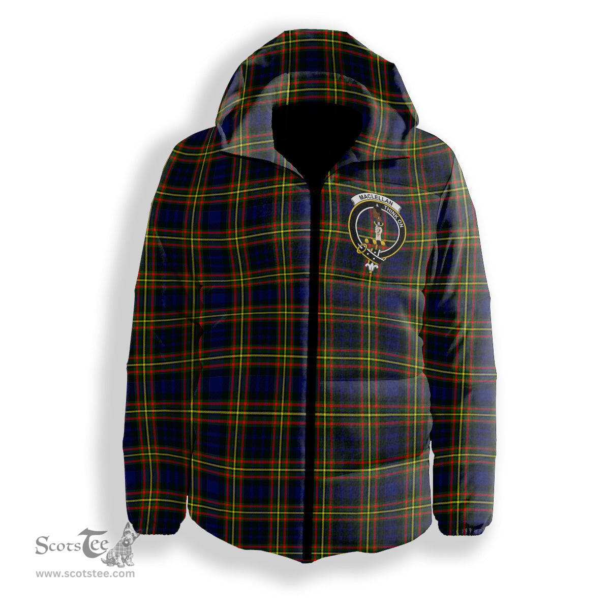 ScotsTee Shop Scottish MacLellan Modern SC Crest Tartan Down Jacket Winter White Duck Down Plaid