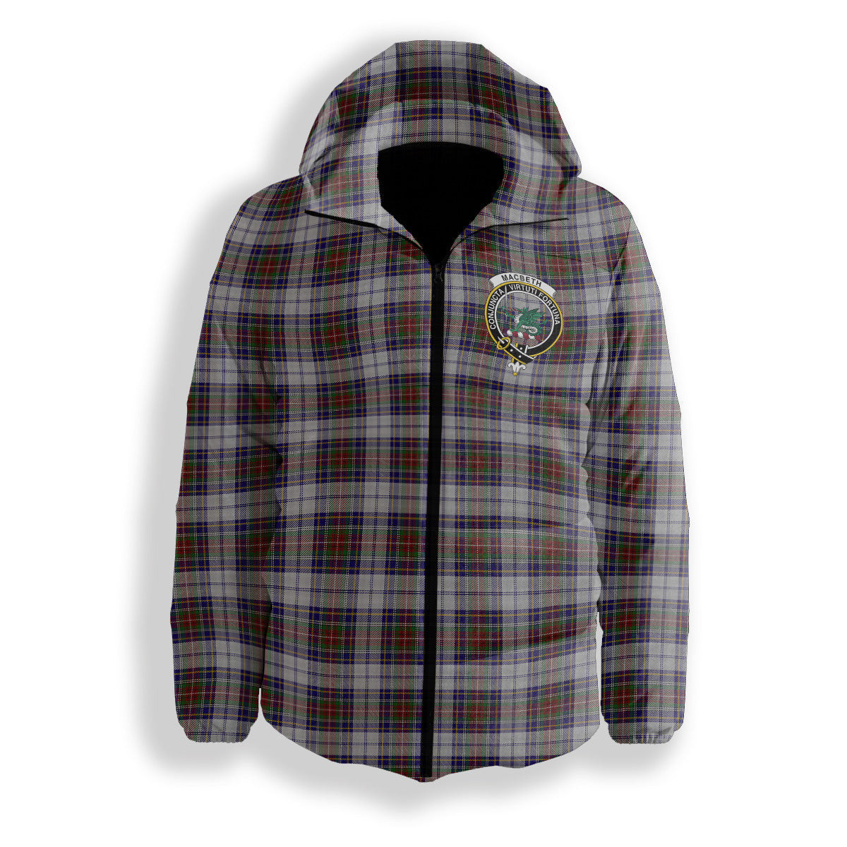 ScotsTee Shop Scottish MacBeth Dress Crest Tartan Down Jacket Winter White Duck Down Plaid