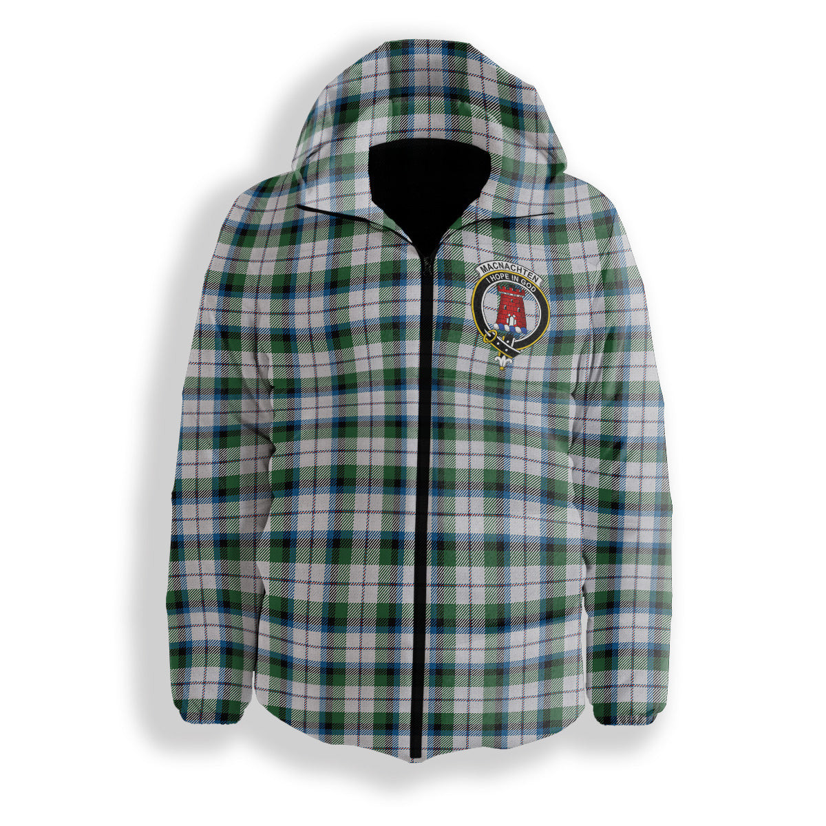 ScotsTee Shop Scottish MacNachten Dress Ancient Crest Tartan Down Jacket Winter White Duck Down Plaid