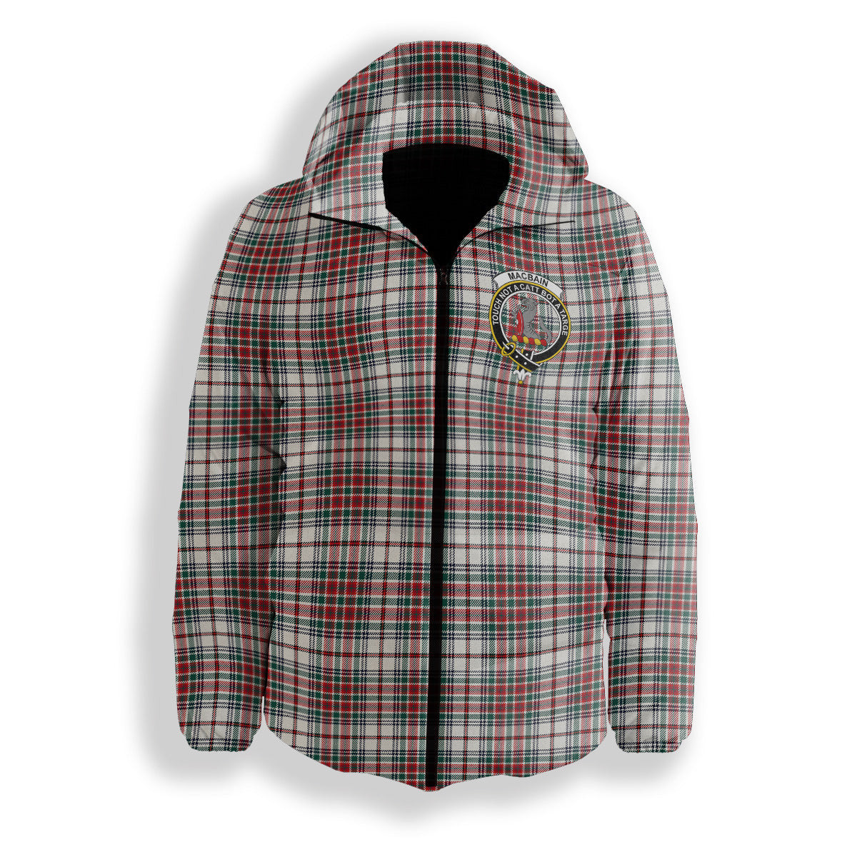 ScotsTee Shop Scottish MacBain Dress Modern Crest Tartan Down Jacket Winter White Duck Down Plaid
