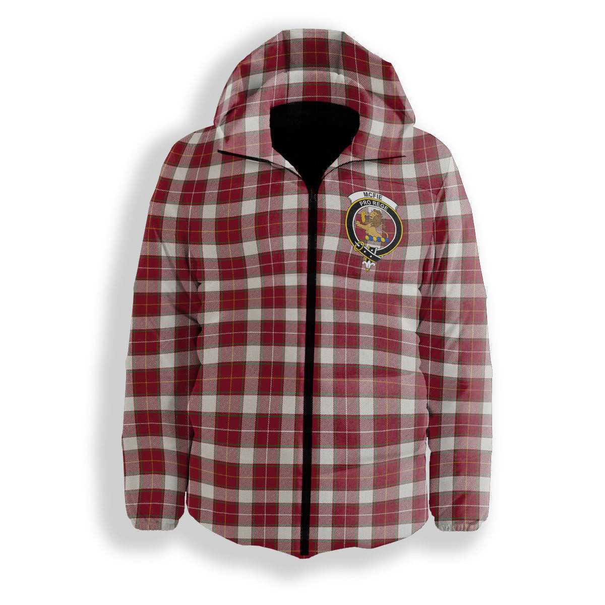 ScotsTee Shop Scottish McFie Dress Modern Crest Tartan Down Jacket Winter White Duck Down Plaid
